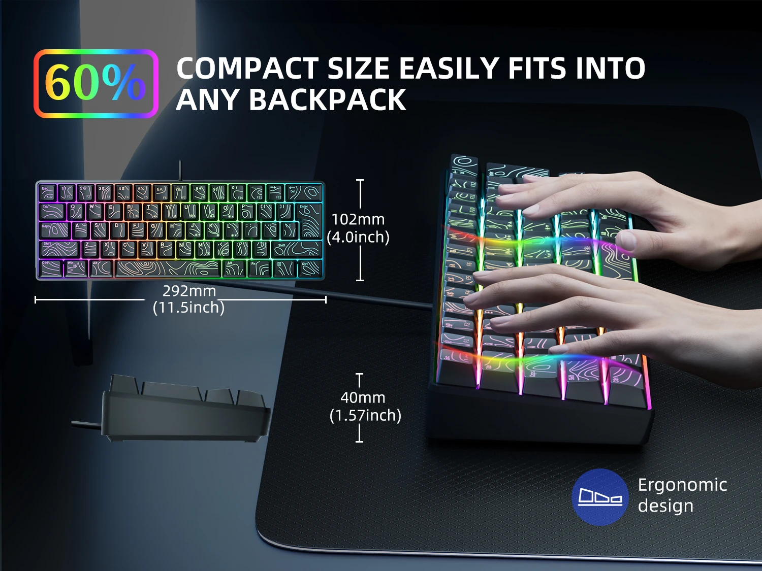7KEYS Wired 60% Gaming Keyboard, Mini 61 Key RGB, 25 Key Anti Ghosting, Ultra Compact and Portable, Compatible with PC, Mac detail