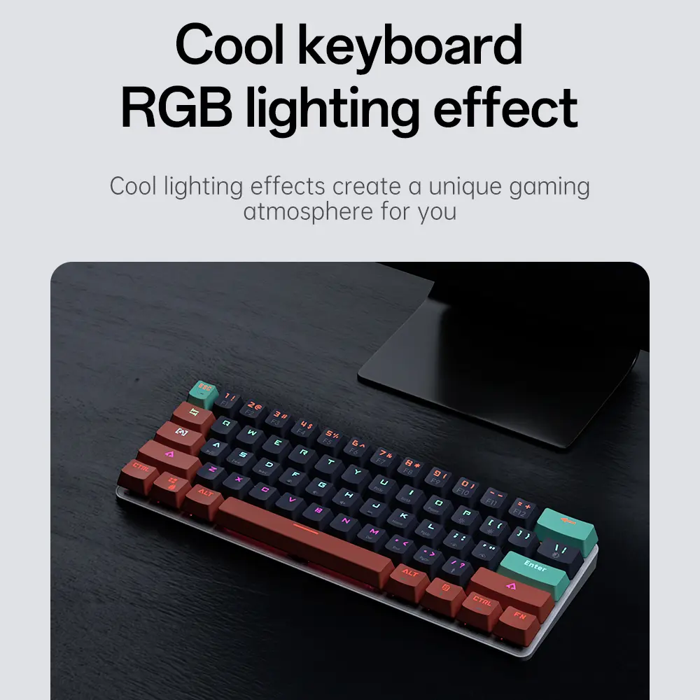 MUCAI 61 key USB hot swappable esports mechanical keyboard game red axis LED cool light effect compact and practical product view