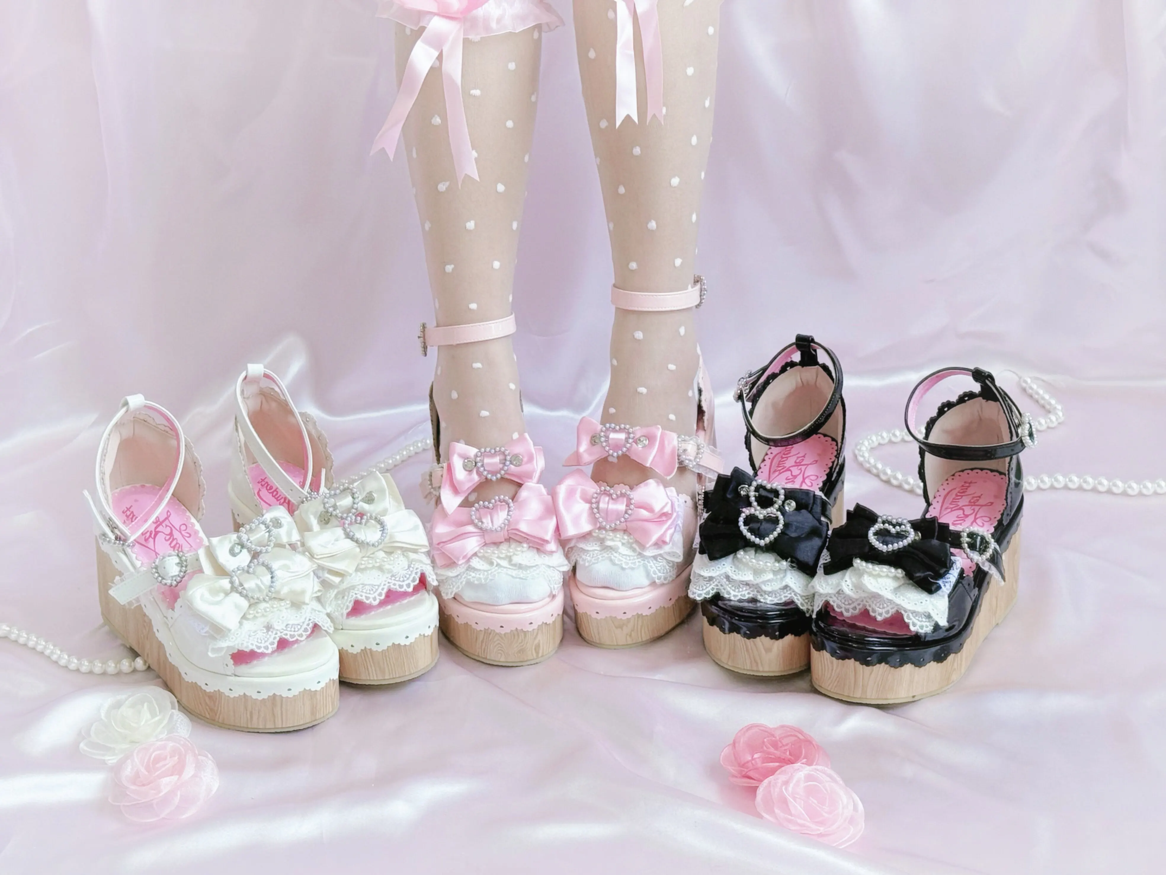 Y2K Millennium Lolita Original Design Slope Heel Open-toed Sandals Japanese Girl Ancient Feeling Sweet Bow Lo Shoes detail