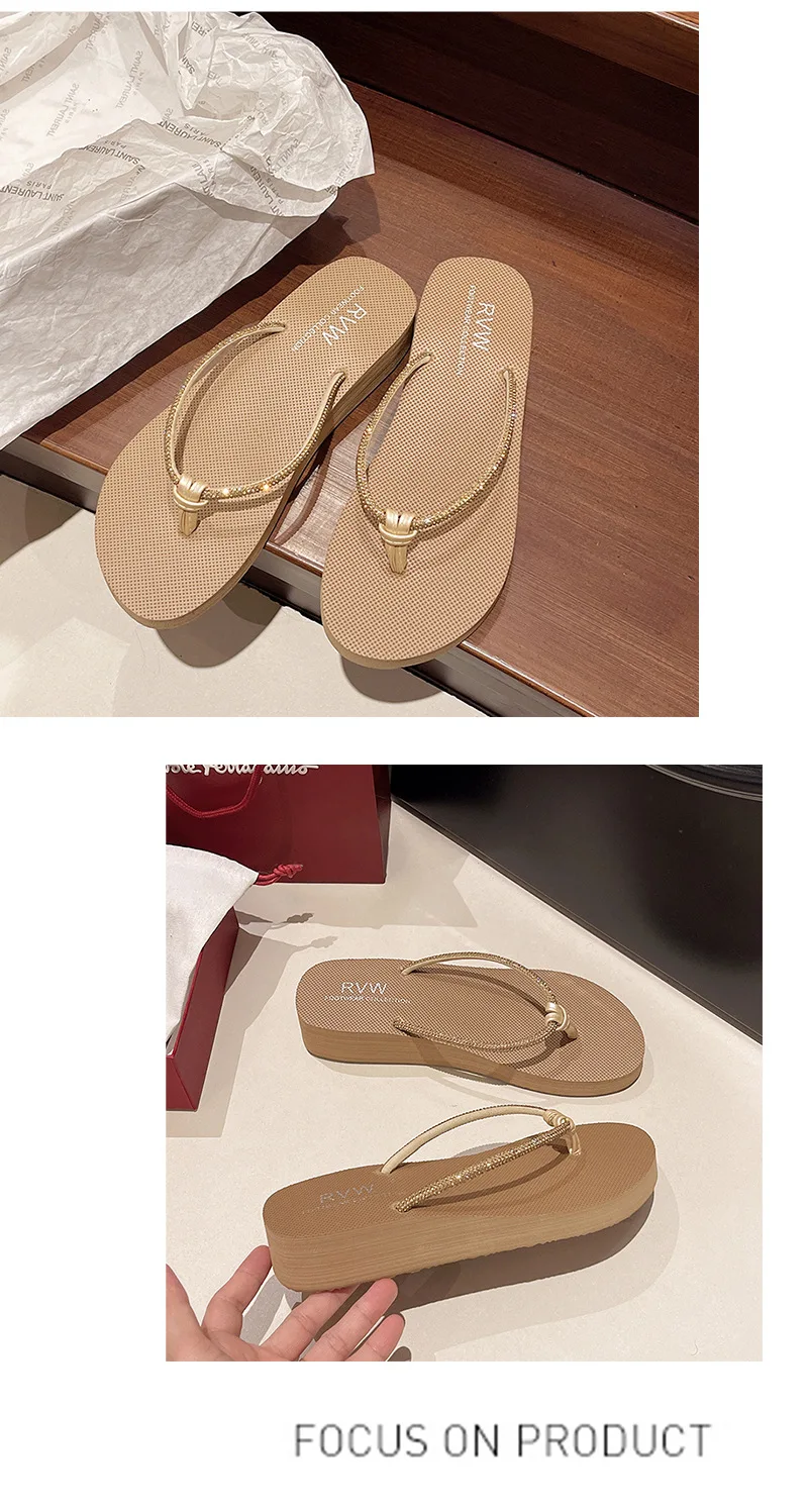 New Beach Shoes, Slippers for Women's Summer Fashion, Wearing Rhinestone Flip Flops, Mid Heel, Thick Sole, Sloping Heel, Clip On detail