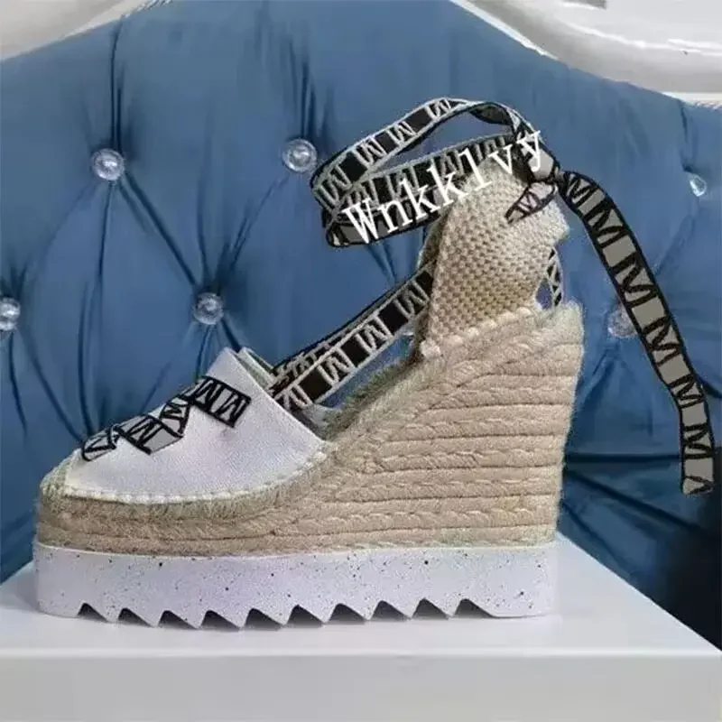 Summer Women Wedge Heel Sandals Canvas Thick Sole Ankle Strappy Sandalias Ladies Beach Vacation Fisherman Shoes Grass Sole Pumps detail