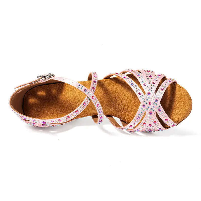 Latin dance shoes pink adult women's high heels rhinestone square dance shoes soft sole national standard double ballroom dance product view
