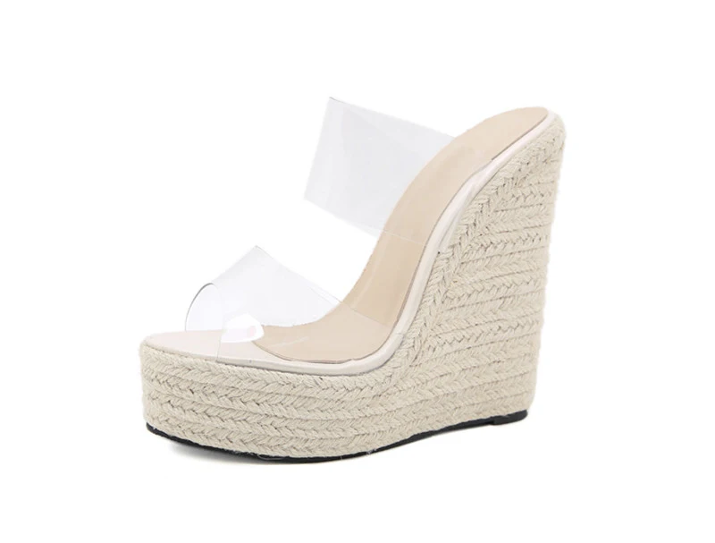 Eilyken Summer PVC Transparent Peep Toe Cane Straw Weave Slippers Platform Wedges Sandals Women Fashion High Heels Female Shoes detail