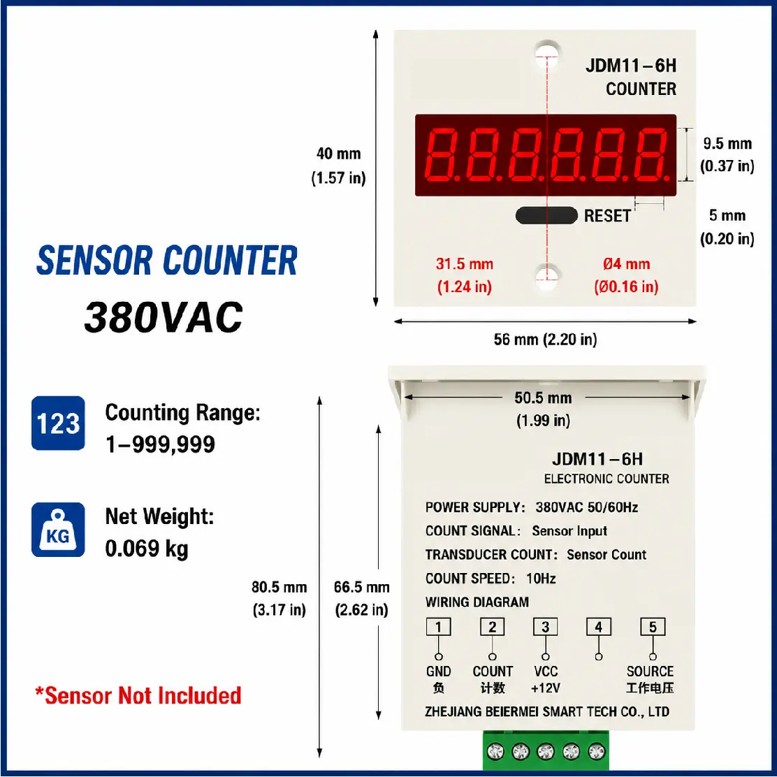 JDM11-6H 6 Digit Digital Counter LED Display Electronic Totalizer Industrial Panel Mount Counter Power Failure Memory 12-380V product view