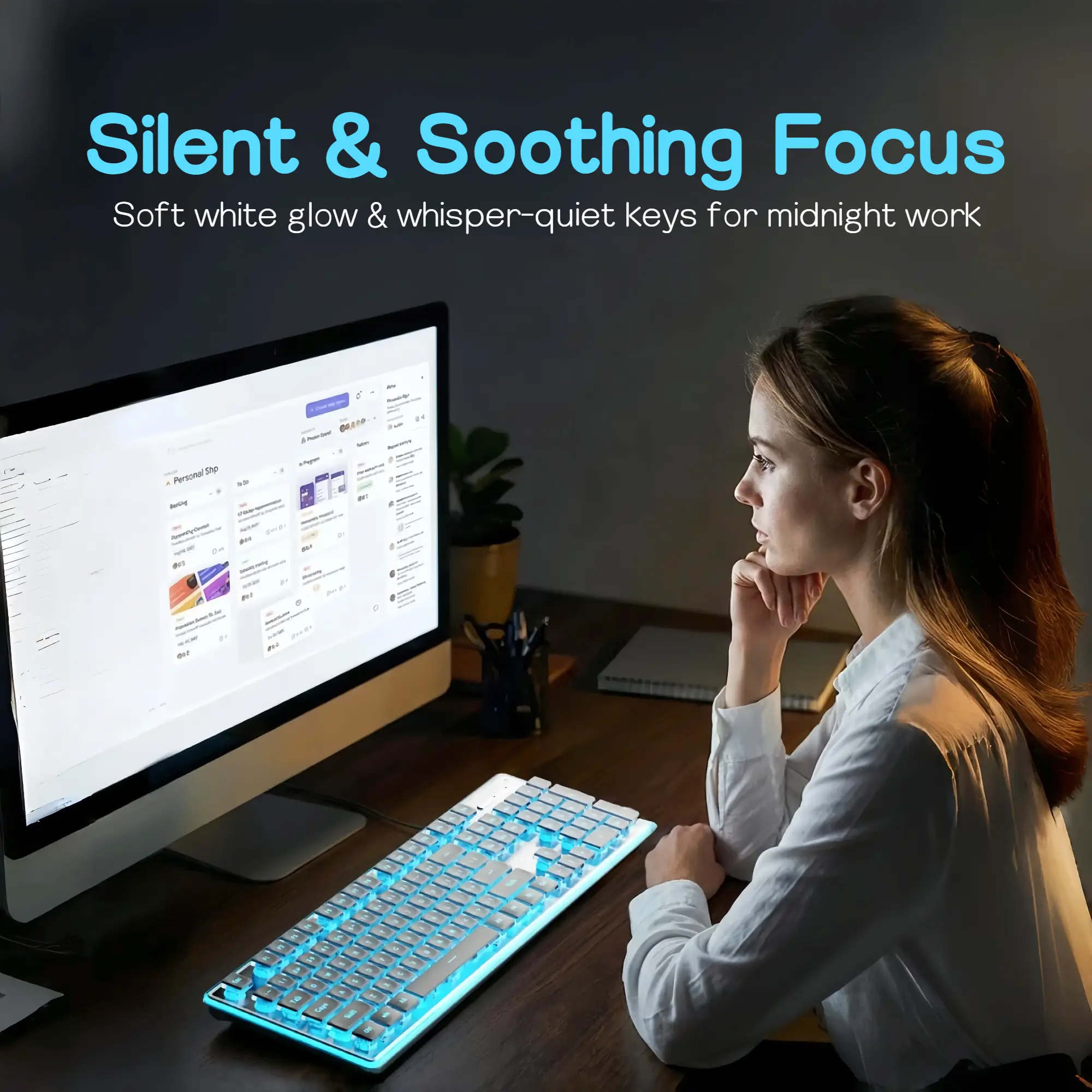Ice Blue Backlit Gaming Keyboard Pudding Keycaps Metal Panel Wired USB LED Light Adjustable 104 Keys Mechanical Feel Pink White for PC Laptop product view
