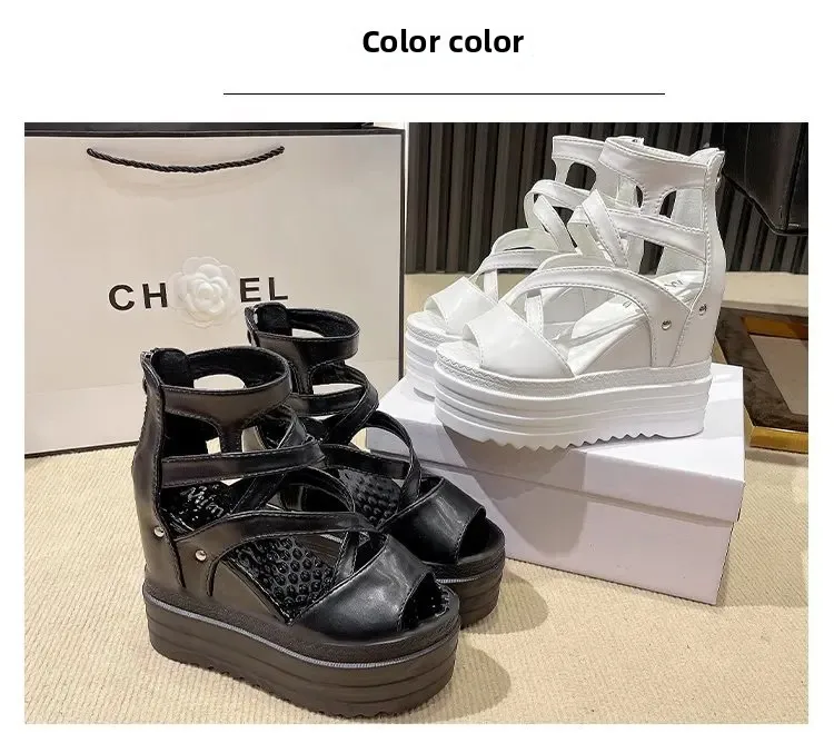 Women's High Heel Sandals 13CM Slope Heel Thick Bottom Cross Band Fish Mouth Shoes New Style Increased Height Summer Shoes detail