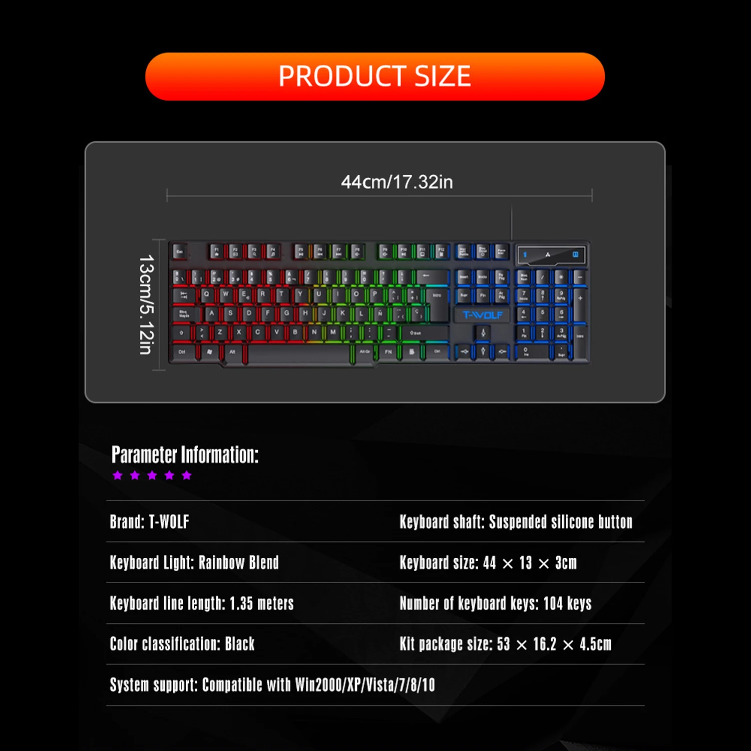 Mechanical Feel Gaming Keyboard Light Backlit RGB Wired Keyboard USB Office Home Media Keys Russian Spanish Arabic English detail