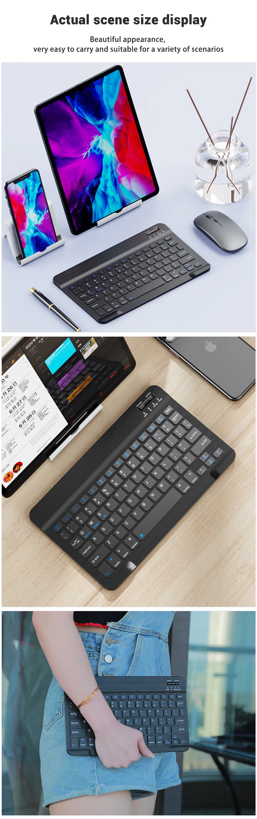 10inch Mini Wireless Rechargeable keyboard Bluetooth Mouse For ipad Air Pro Phone Tablet Portable Spanish Polish Arabic keyboard detail