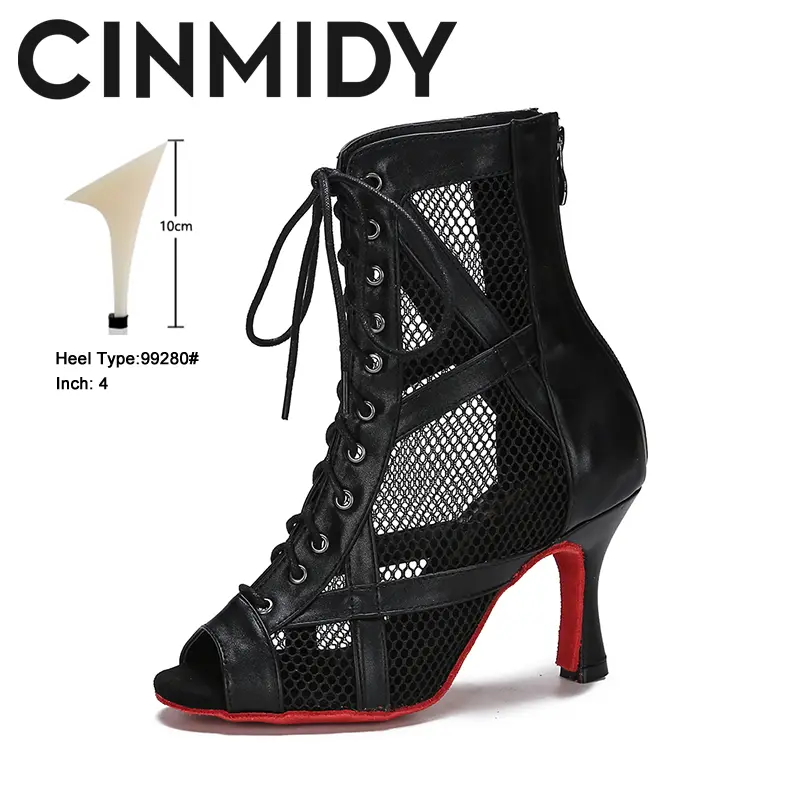 CINMIDY Leather Dance Boots Red /Black lSole Ballroom Dancing Shoes Latin Dance Shoes Woman Pole Dance Boots Ladies Party Shoes product view