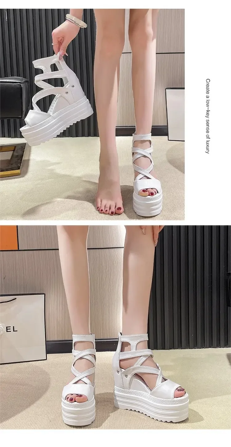 Women's High Heel Sandals 13CM Slope Heel Thick Bottom Cross Band Fish Mouth Shoes New Style Increased Height Summer Shoes detail