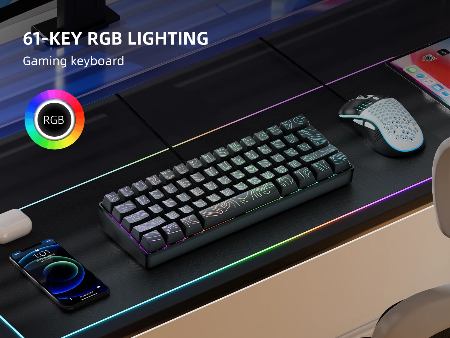 7KEYS Wired 60% Gaming Keyboard, Mini 61 Key RGB, 25 Key Anti Ghosting, Ultra Compact and Portable, Compatible with PC, Mac detail