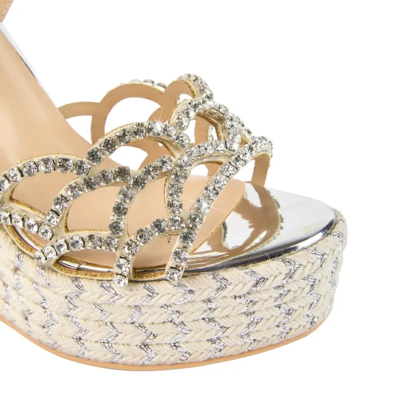 Women's New Summer Round Toe Thick Sole With Diamond Inlaid High Heels, Large Open Toe Hemp Rope Woven Slope Heel Sandals product view