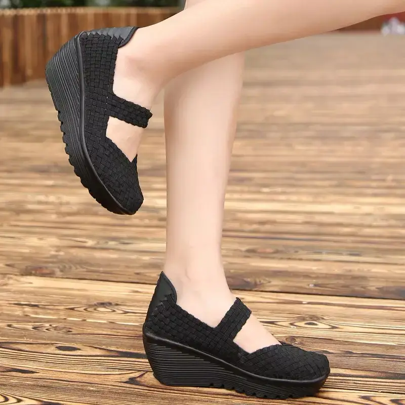 EOFK Autumn Women Woven Shoes Loafers Platform Handmade Elastic Slip on Nylon Woven Casual Wedges Shoes Lady product view