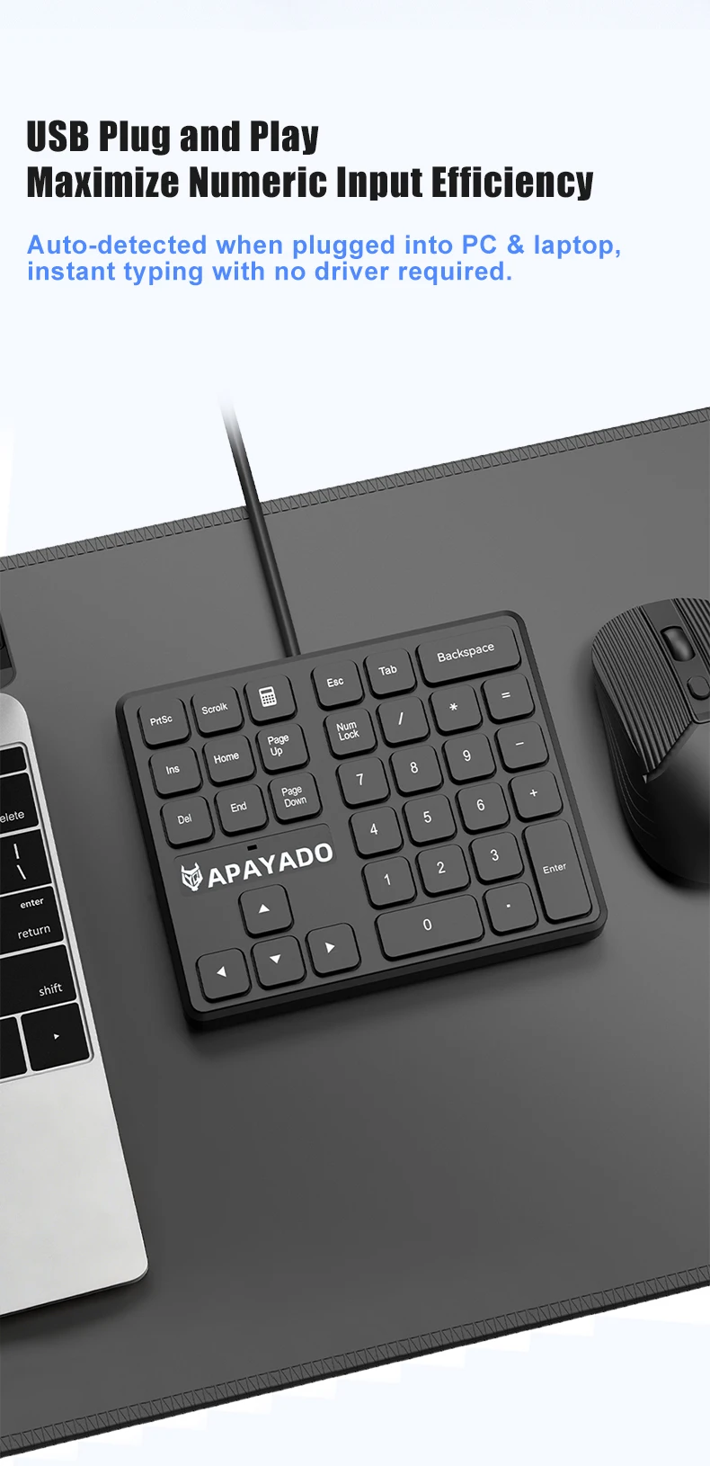 T35 Wired Numeric Keypad 34 Keys APAYADO USB Number Pad Plug Ergonomic Ultra Thin Portable for Finance detail