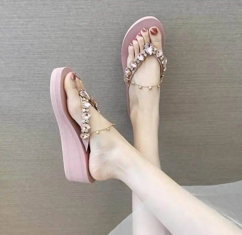 Rhinestone Women's Sandals Summer Outdoor Wear Heightening Slope Heel Beach Sandals Slip-On Anti-Slip product view