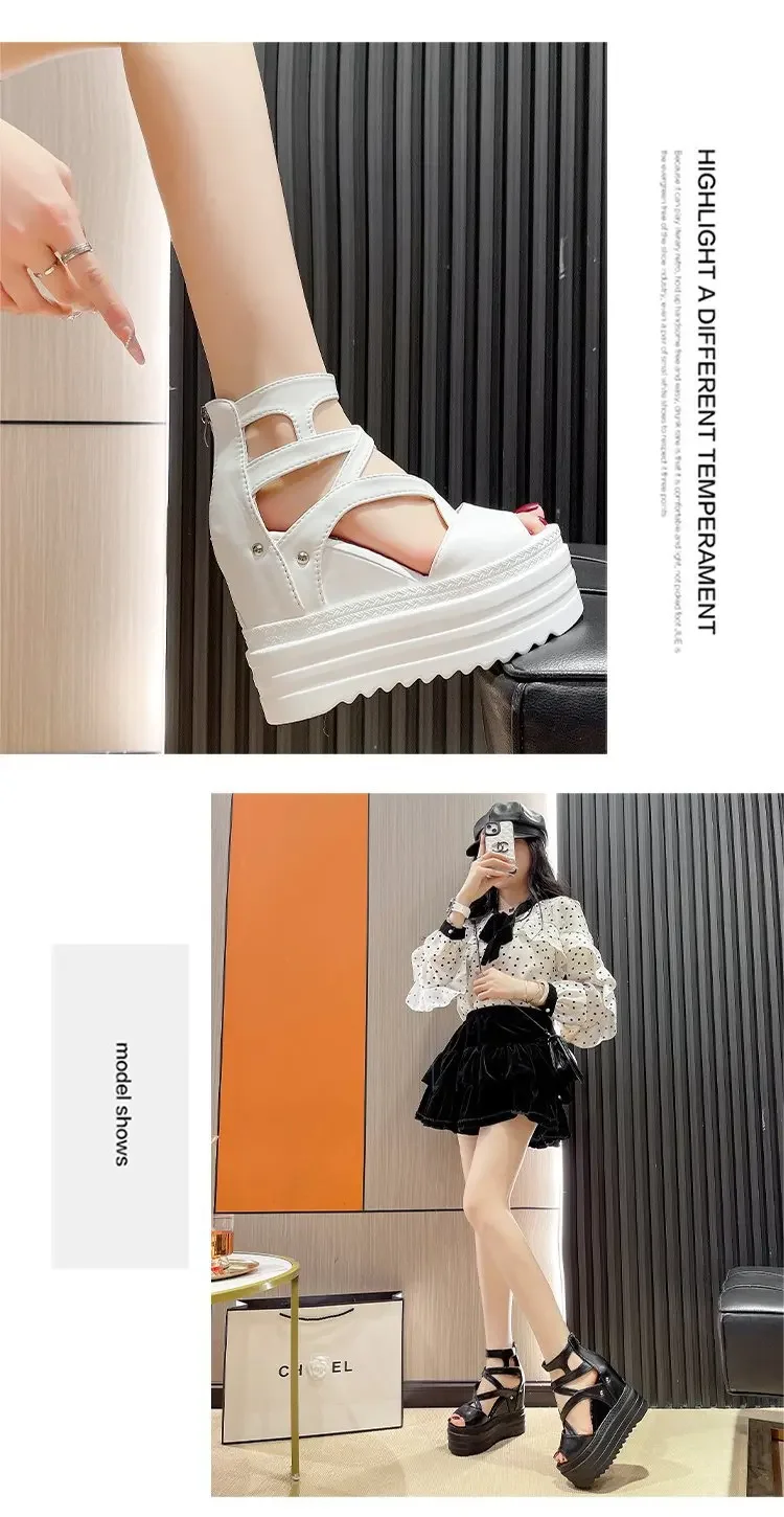 Women's High Heel Sandals 13CM Slope Heel Thick Bottom Cross Band Fish Mouth Shoes New Style Increased Height Summer Shoes detail