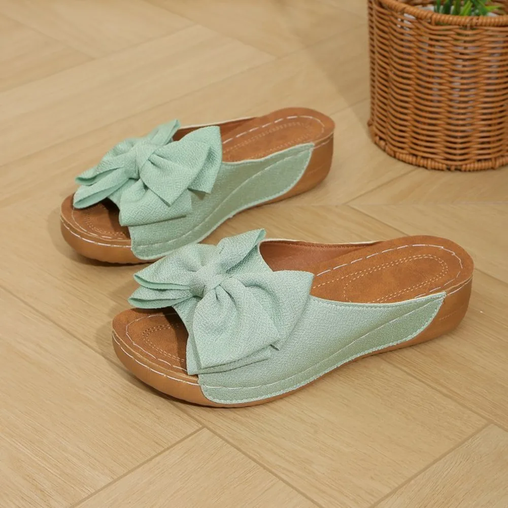 New Large Size Butterfly Knot Thick Heel Sandals Women Outdoor Wear Slope Heel Open Toe Fish Mouth Lightweight Beach Slippers detail