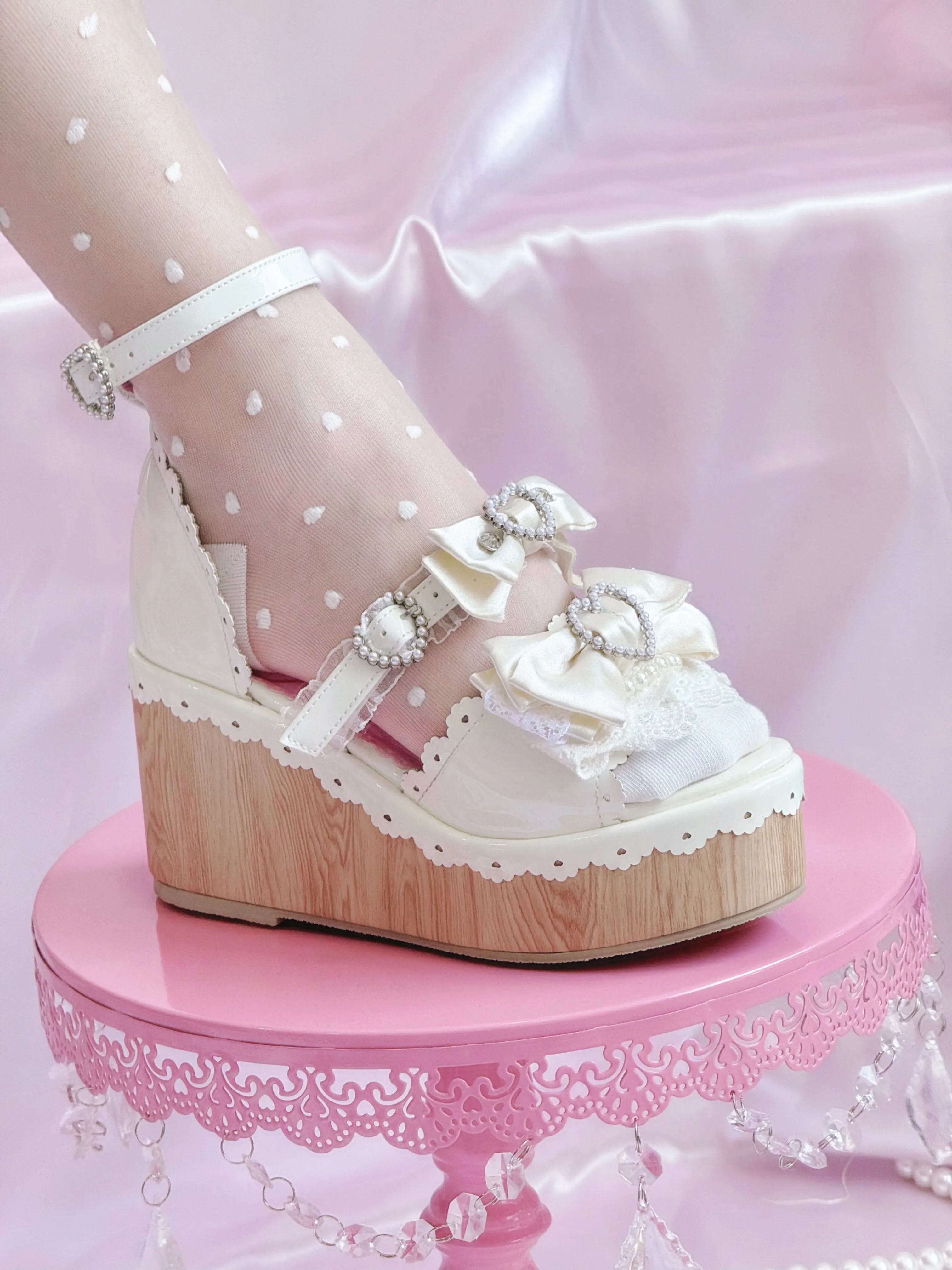 Y2K Millennium Lolita Original Design Slope Heel Open-toed Sandals Japanese Girl Ancient Feeling Sweet Bow Lo Shoes detail