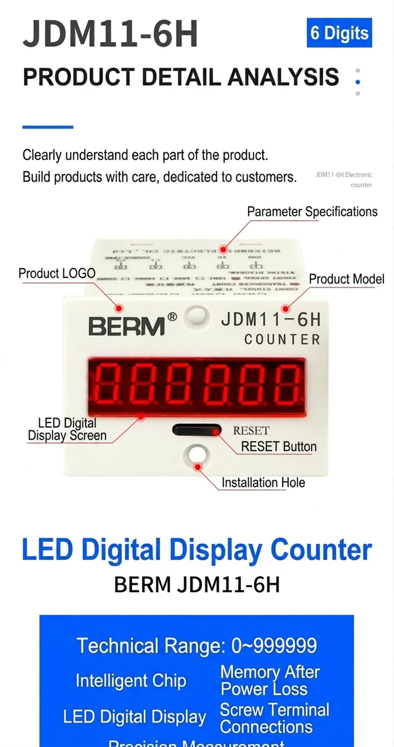 JDM11-6H 6 Digit Digital Counter Electronic Counter Totalizing Counter Resettable Power Failure Memory 12-24V 36V 110V 220V 380V detail