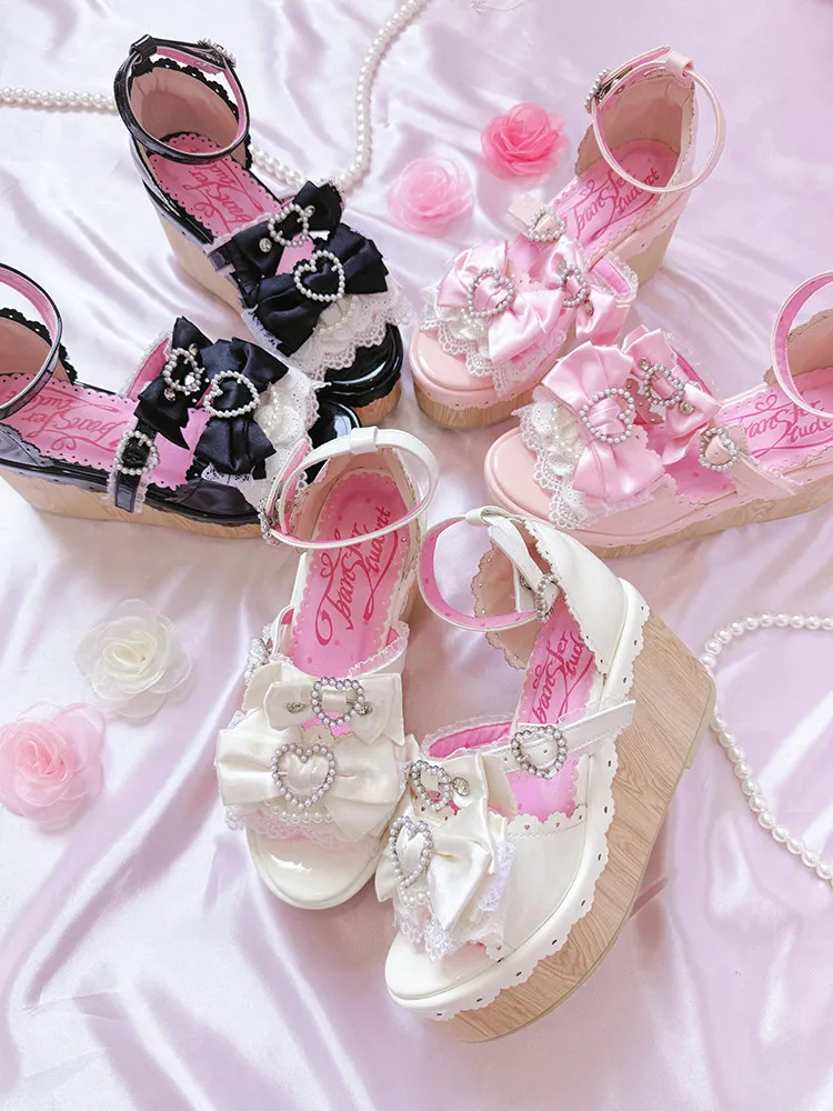 Y2K Millennium Lolita Original Design Slope Heel Open-toed Sandals Japanese Girl Ancient Feeling Sweet Bow Lo Shoes detail