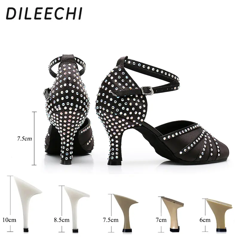 DILEECHI Tan Satin rhinestones Latin Modern dance shoes women Autumn and Winter Ballroom dancing shoes 7.5cm closed toe shoes product view