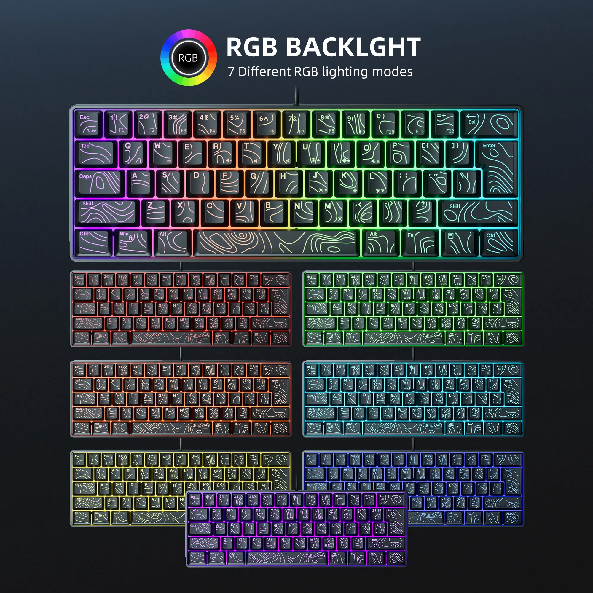 7KEYS Wired 60% Gaming Keyboard, Mini 61 Key RGB, 25 Key Anti Ghosting, Ultra Compact and Portable, Compatible with PC, Mac product view