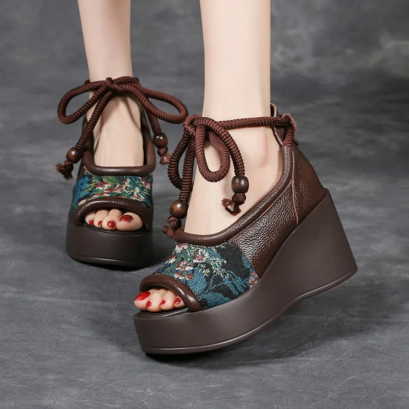 Soft Leather New Chinese Embroidered Slope High Heel Fish Mouth Sandals Women's Vintage Lace-up Platform Cutout Roman Shoes detail