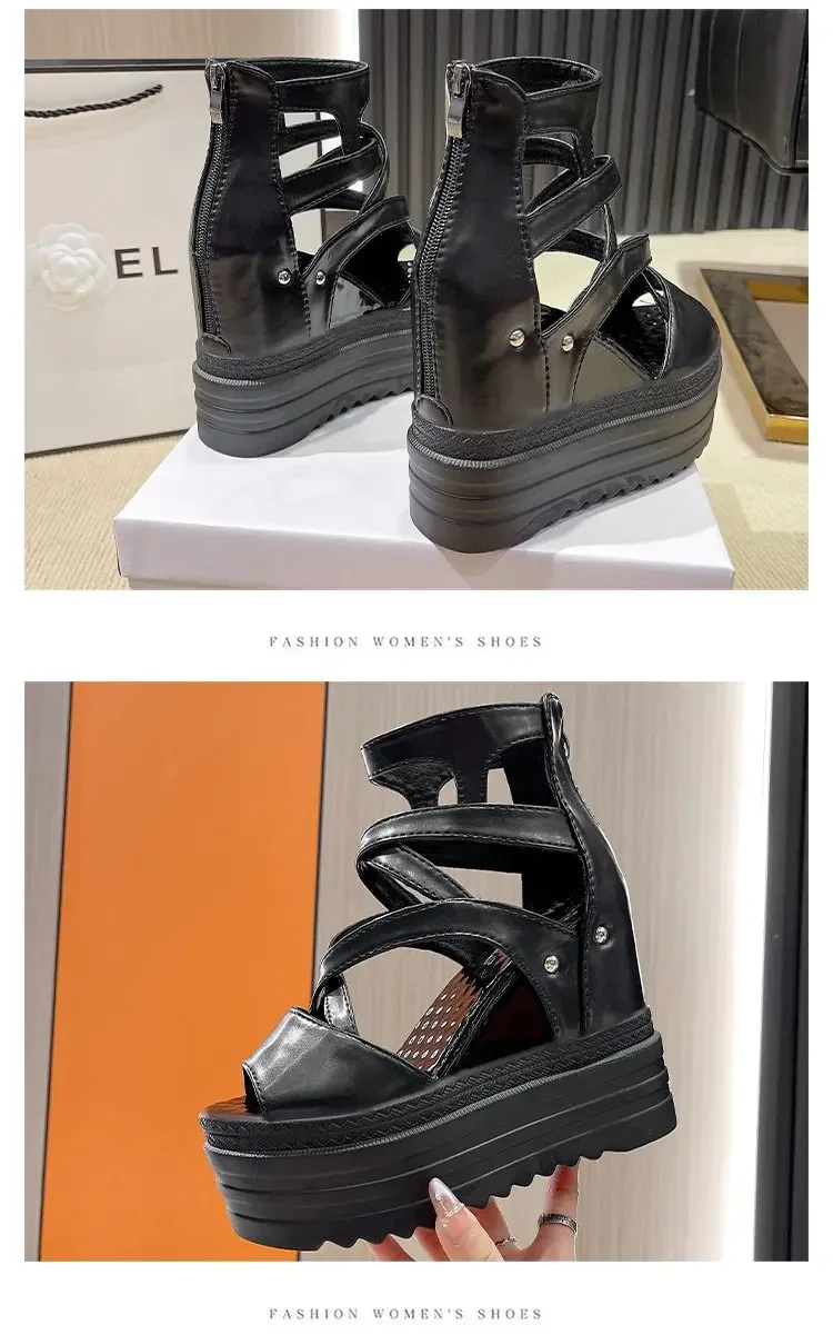 Women's High Heel Sandals 13CM Slope Heel Thick Bottom Cross Band Fish Mouth Shoes New Style Increased Height Summer Shoes detail