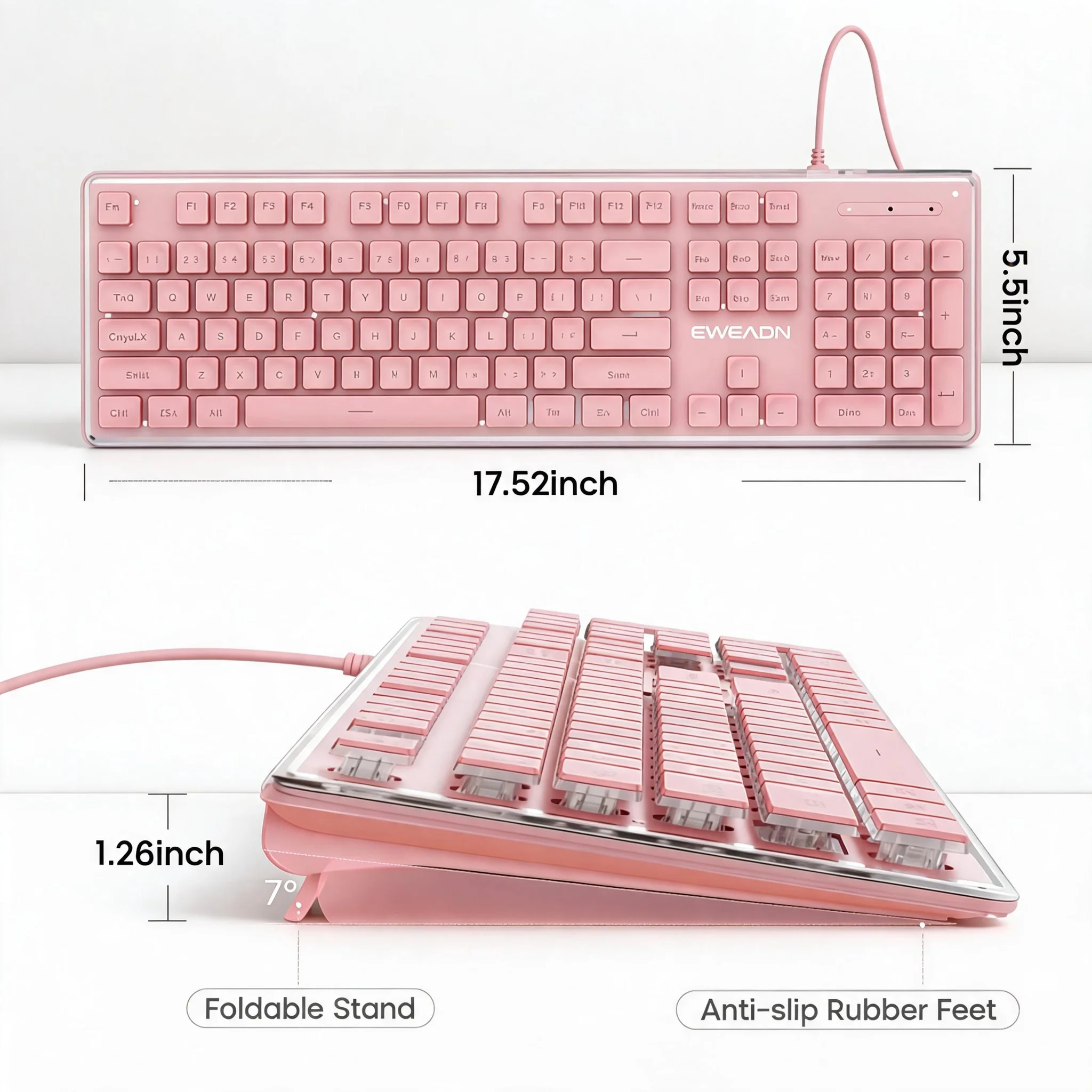 Ice Blue Backlit Gaming Keyboard Pudding Keycaps Metal Panel Wired USB LED Light Adjustable 104 Keys Mechanical Feel Pink White for PC Laptop detail