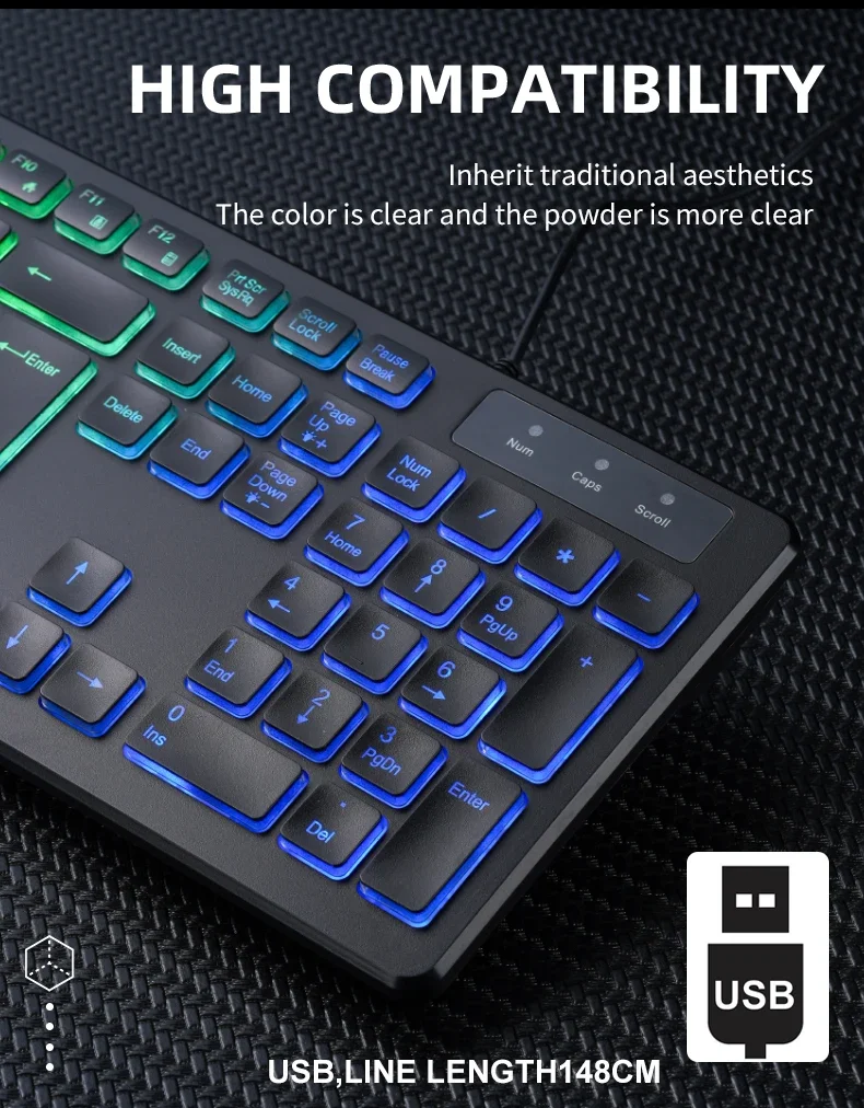 APAYADO M80 Quiet Office Wired Keyboard Thin-Film Structure 495g Weight 148CM Long Cord Full Layout USB Computer Keyboard detail