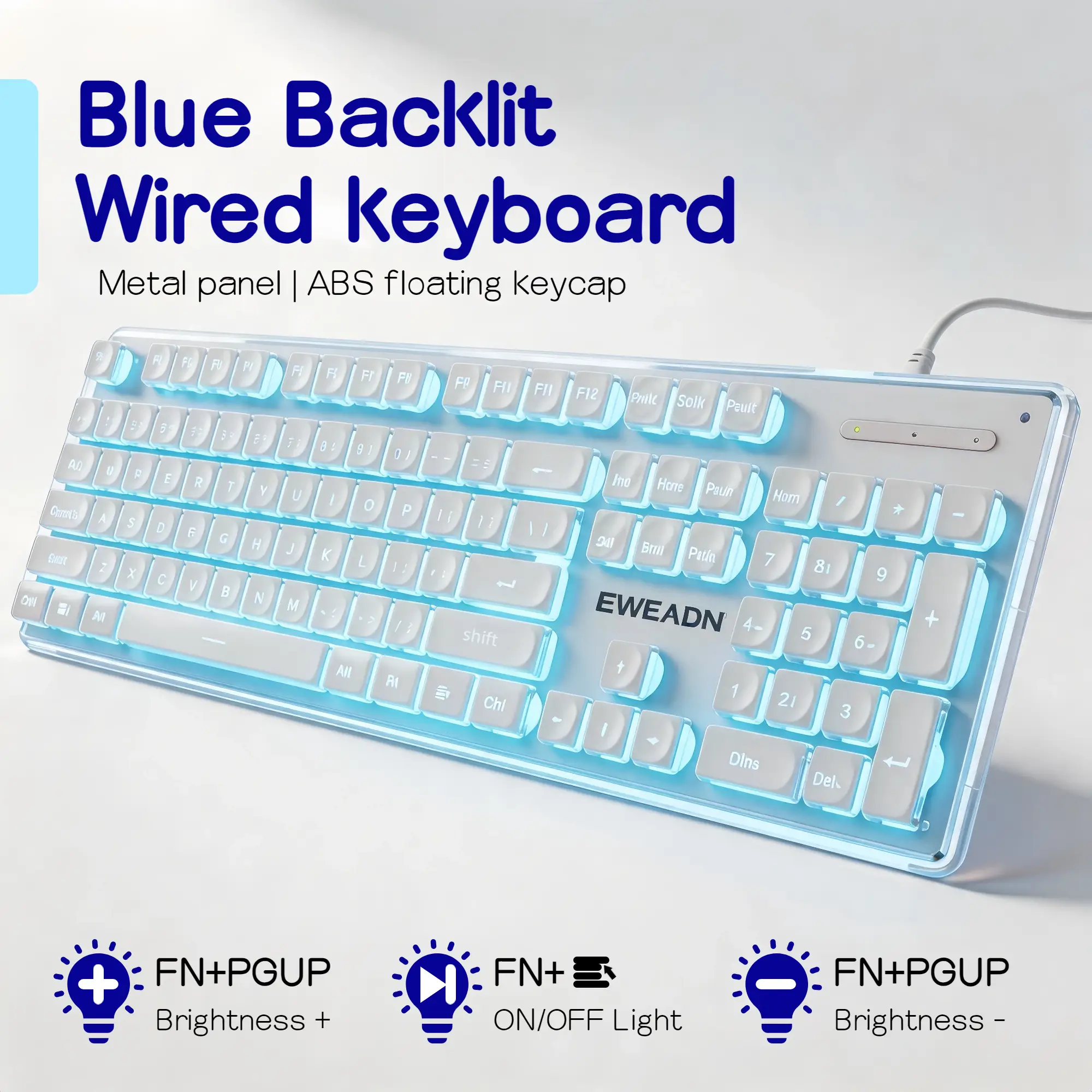Ice Blue Backlit Gaming Keyboard Pudding Keycaps Metal Panel Wired USB LED Light Adjustable 104 Keys Mechanical Feel Pink White for PC Laptop product view