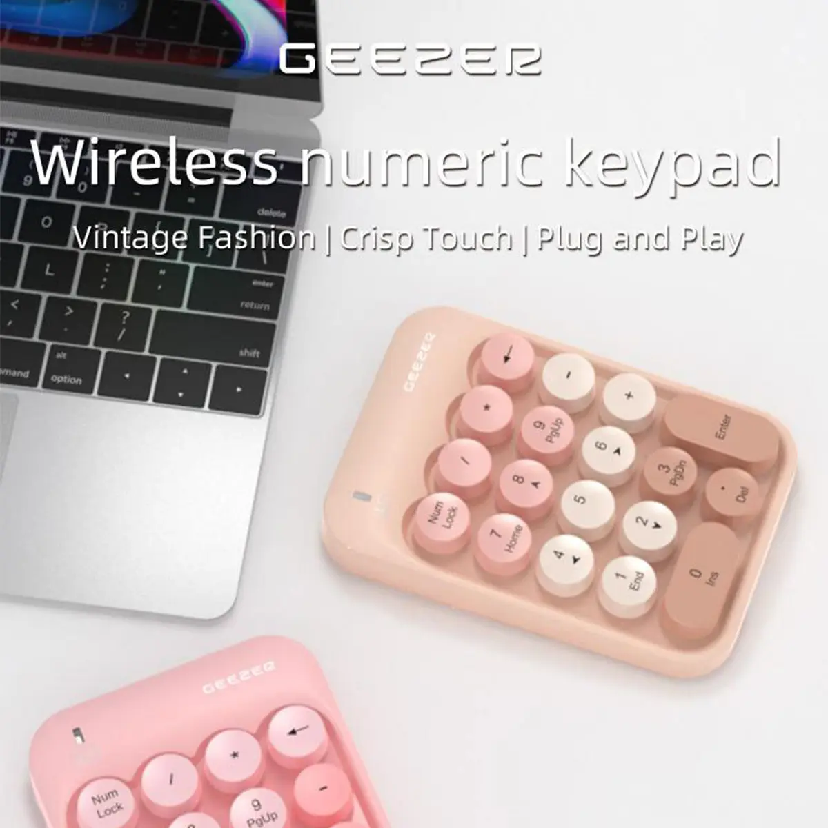 GEEZER Z5 Wireless Numeric Keypad, Macaron Retro Round Detachable Keycaps Portable Office Number Pad product view