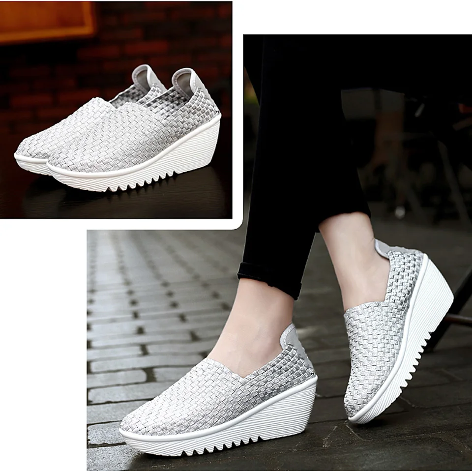 EOFK Autumn Women Woven Shoes Loafers Platform Handmade Elastic Slip on Nylon Woven Casual Wedges Shoes Lady detail