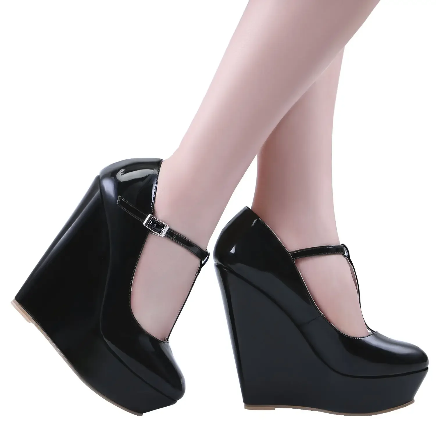 Women Pumps 2026 New Autumn Winter 14cm Round Toes Platform Wedge High Heels T-Strap Gladiator Ladies Dress Party Wedding Shoes detail