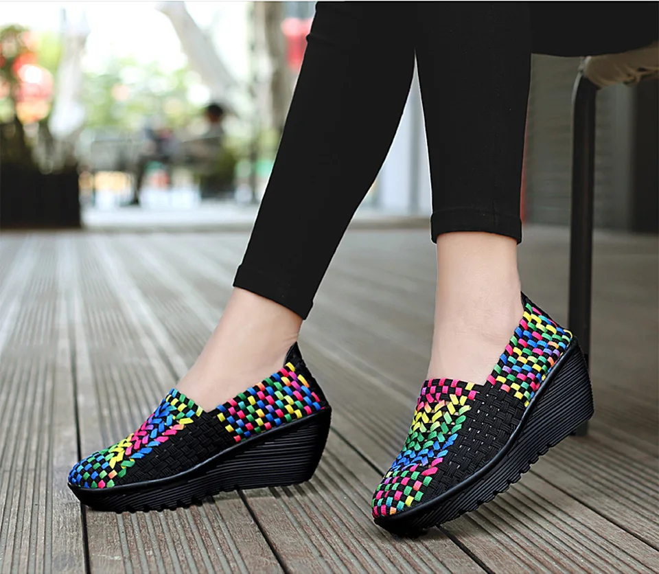 EOFK Autumn Women Woven Shoes Loafers Platform Handmade Elastic Slip on Nylon Woven Casual Wedges Shoes Lady detail