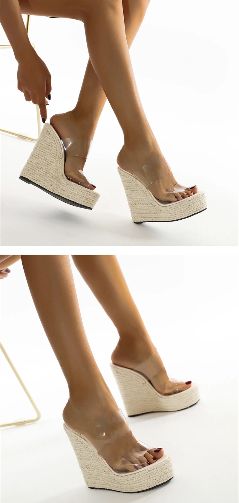 Eilyken Summer PVC Transparent Peep Toe Cane Straw Weave Slippers Platform Wedges Sandals Women Fashion High Heels Female Shoes detail