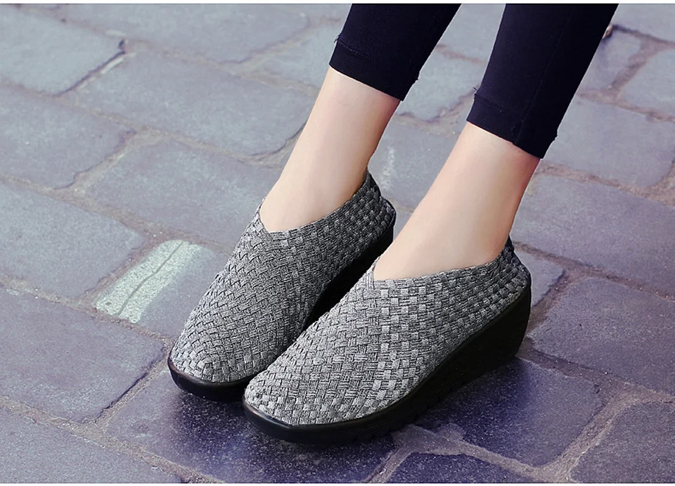 EOFK Autumn Women Woven Shoes Loafers Platform Handmade Elastic Slip on Nylon Woven Casual Wedges Shoes Lady detail