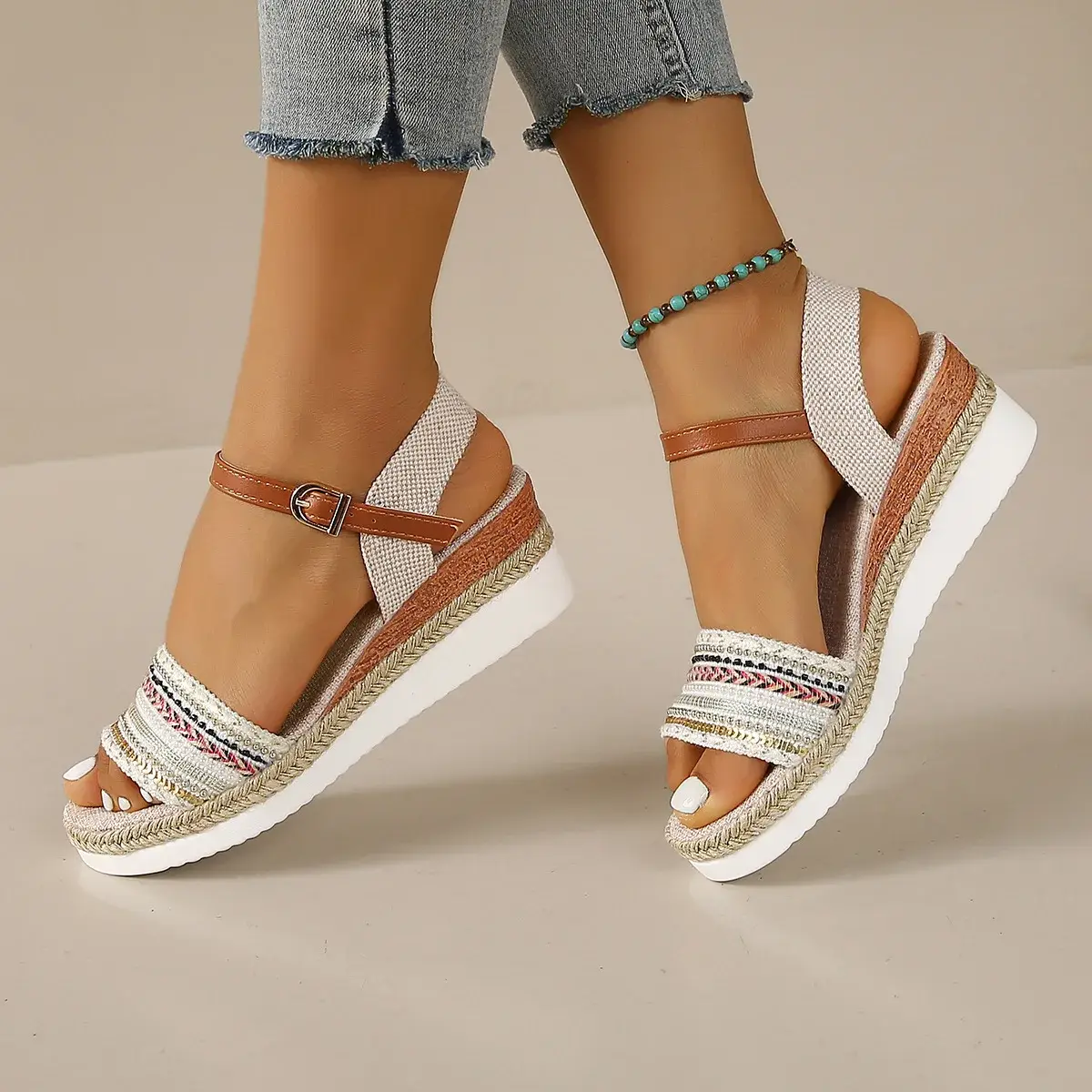 Summer New Large Size Slope Heel Thick Bottom Women Sandals Woven Strap Direct Sale from Factory Polyurethane Shoe Sole product view