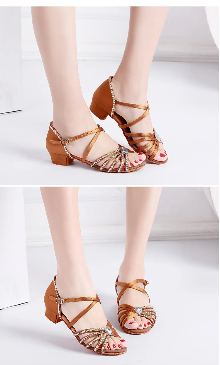 Summer Child Hot Latin Dance Shoes Women for Satin Salsa Dance Shoes Girls for Shine Rhinestone Ballroom Dance Shoes detail