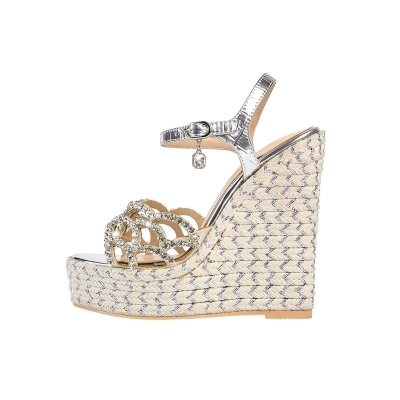 Women's New Summer Round Toe Thick Sole With Diamond Inlaid High Heels, Large Open Toe Hemp Rope Woven Slope Heel Sandals detail