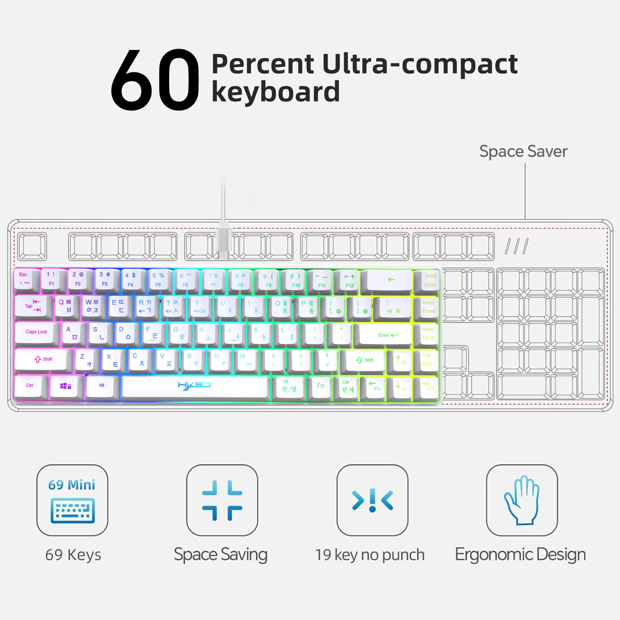 68 Keys Gaming Keyboard USB Wired Portable 20 RGB Backlight Korean Russian English Keyboard for Windows Laptops Computer detail