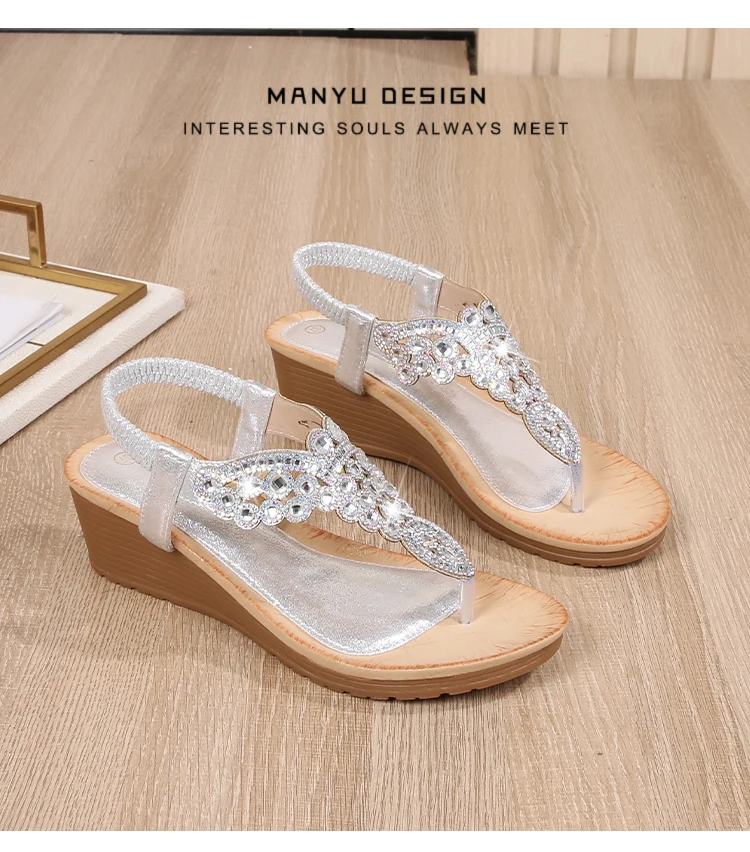 Ladies Roman Sandals Bohemian Ethnic Style Water Diamond Slope Heel Summer New Fashion Shoes Low Help Glue Stick Sandals detail
