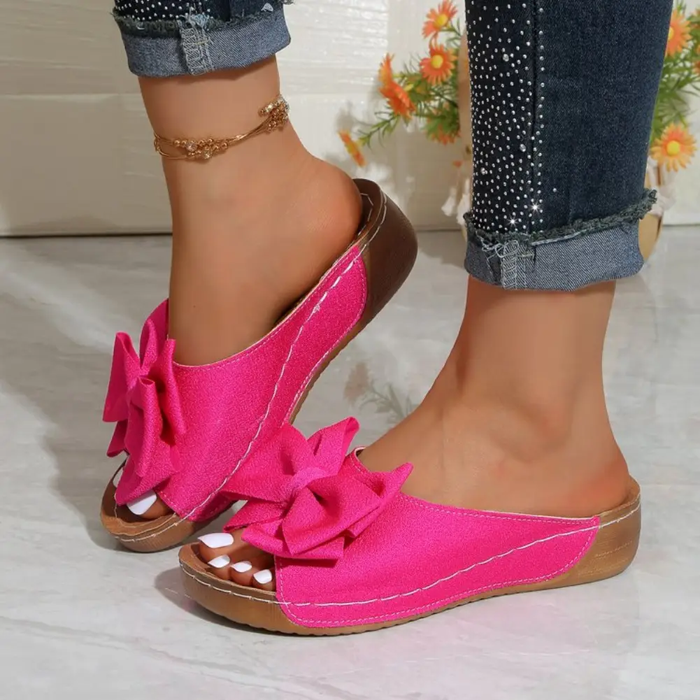 New Large Size Butterfly Knot Thick Heel Sandals Women Outdoor Wear Slope Heel Open Toe Fish Mouth Lightweight Beach Slippers product view