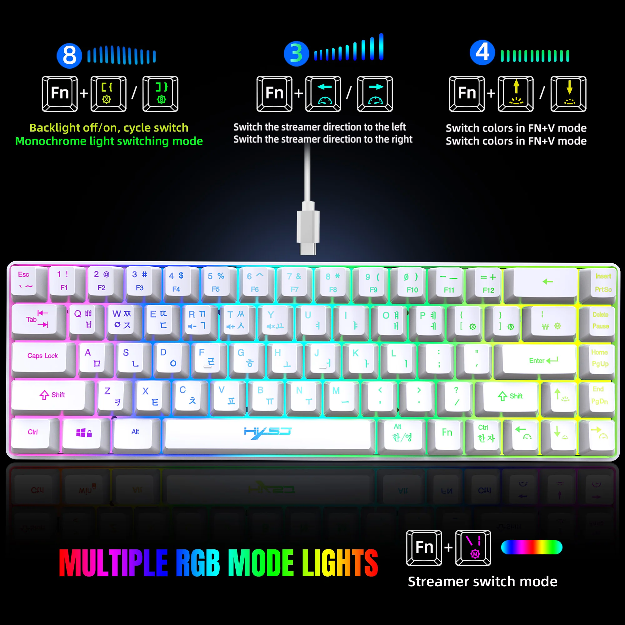 68 Keys Gaming Keyboard USB Wired Portable 20 RGB Backlight Korean Russian English Keyboard for Windows Laptops Computer detail