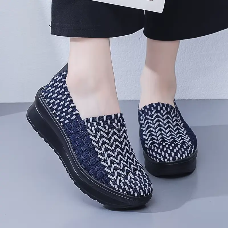 EOFK Autumn Women Woven Shoes Loafers Platform Handmade Elastic Slip on Nylon Woven Casual Wedges Shoes Lady product view
