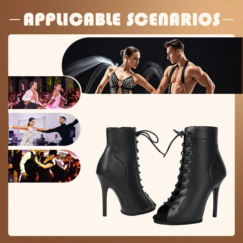 Black Sexy PU Platform Jazz Latin Custom Dance Shoes Lace-up High Heels Dance Shoes Soft-soled Short Boots Dance Boots for Women product view