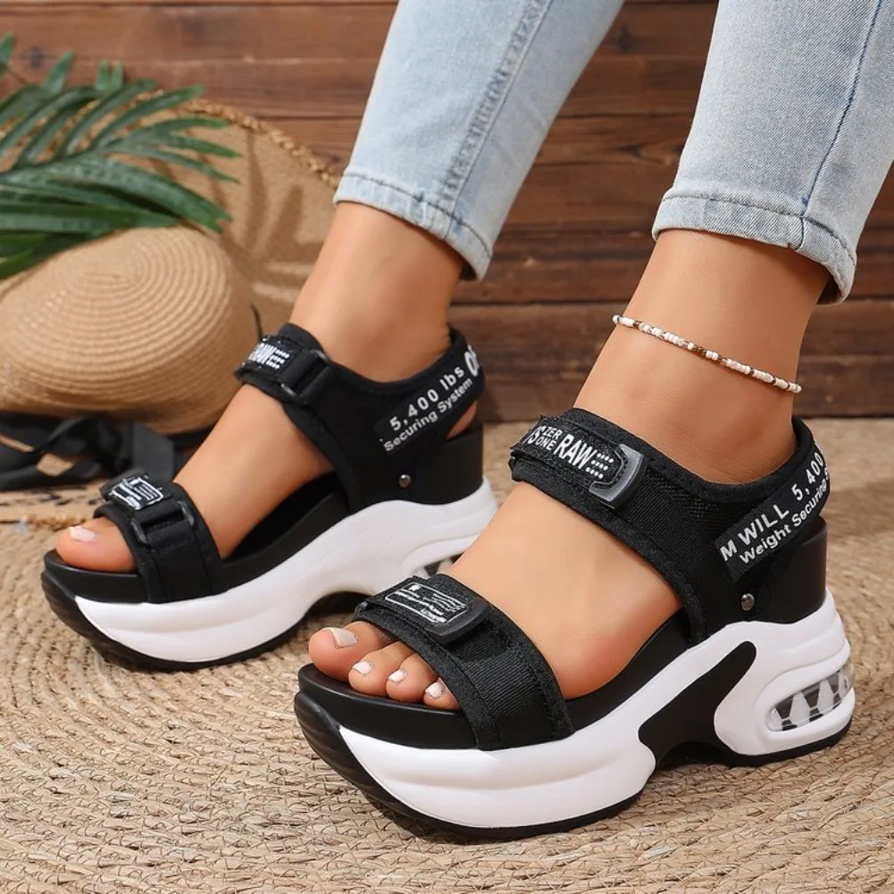 Summer New Women Sport Sandals Fashion Slope Elevated Platform Shoes Girls Outdoor Leisure High Heeled Fish Mouth Sandals detail