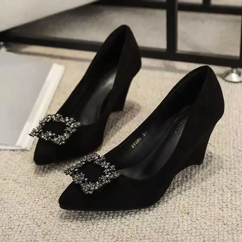 Slope Heel Fashion Shoes Women Spring New Water Diamond Pointed Shallow Mouth Soft Sexy High Heels Women Black Retro Footwear 43 product view