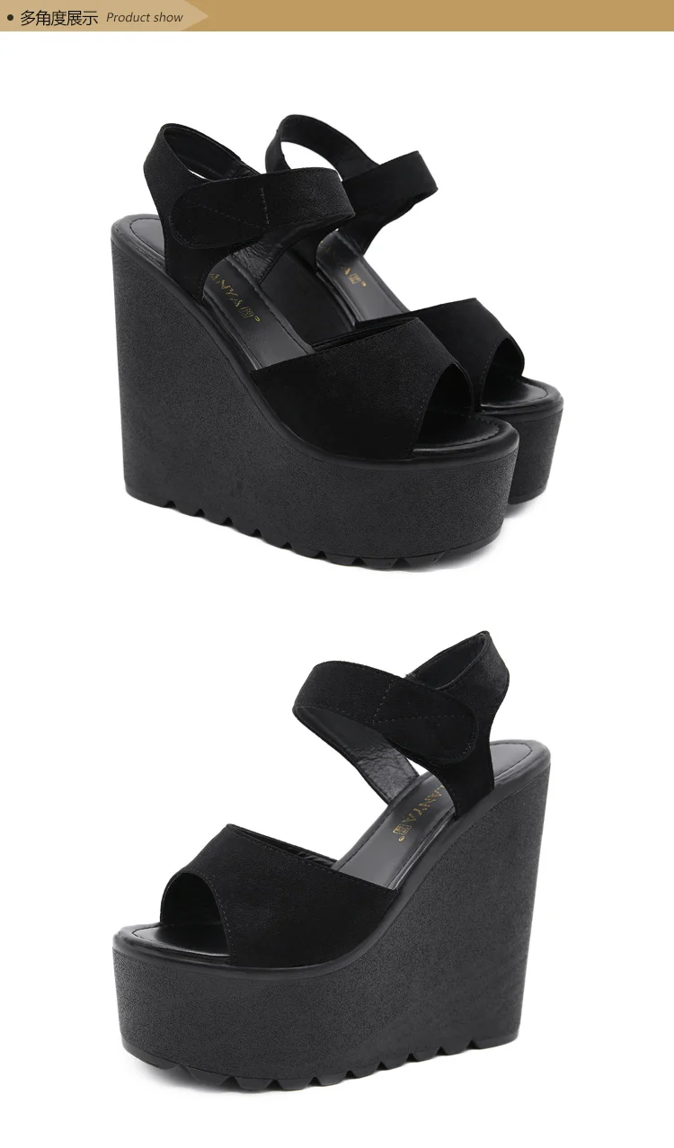 Summer Straps Roman Shoes Sexy Trendy FishBeak Womens Shoes Muffin Thick Inside Raise 15CM Slope Heel Sandals detail