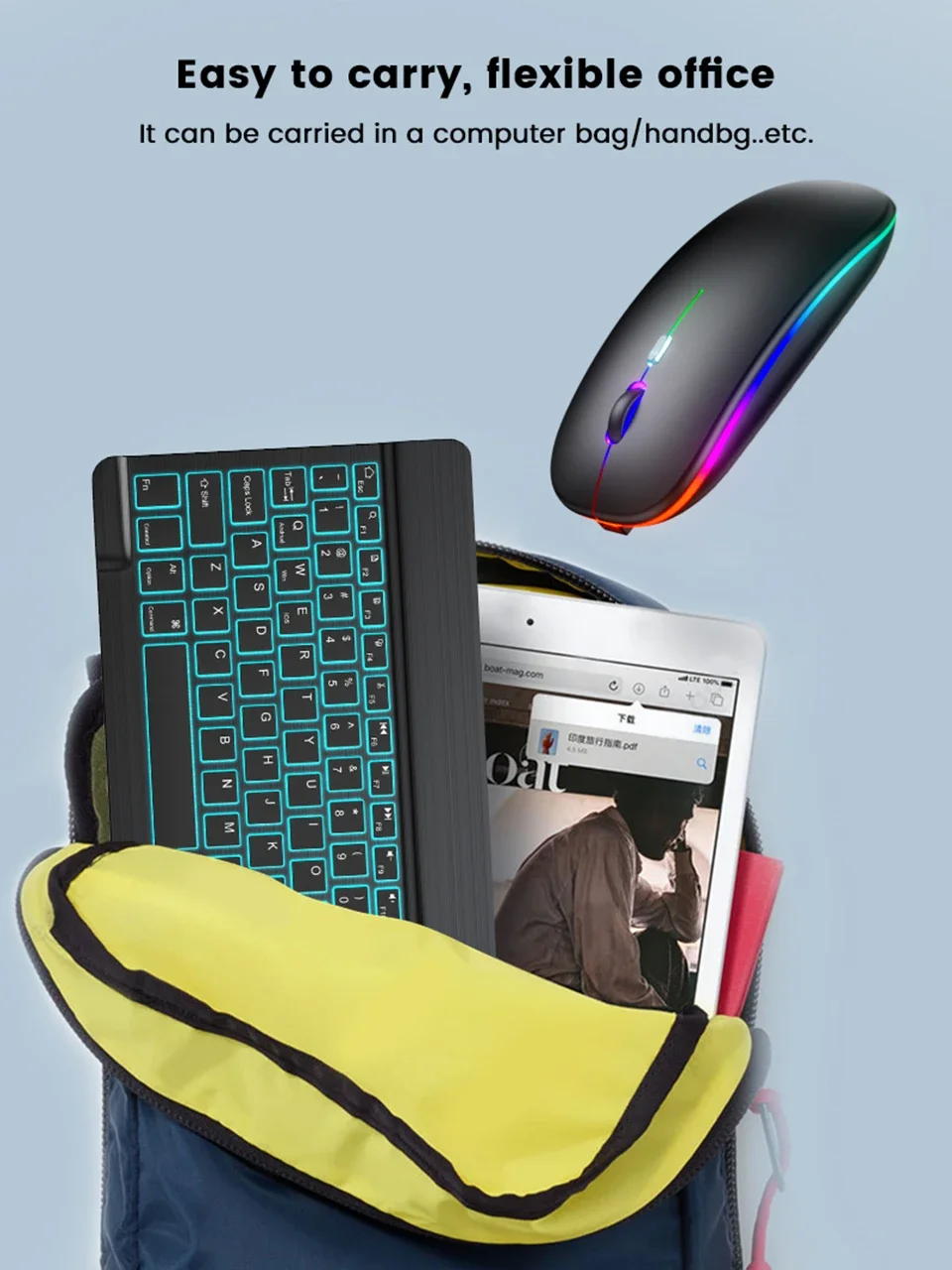 New Slim 7 Color Backlit Bluetooth Keyboard Mouse ComboRechargeable MultiLanguage for Tablet Phone detail